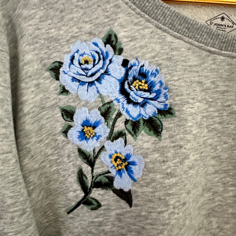 ST. JOHN'S BAY GREY WITH EMBROIDERED FLOWERS WITH MOCK SLEEVES SWEATER - Picture 3 of 6